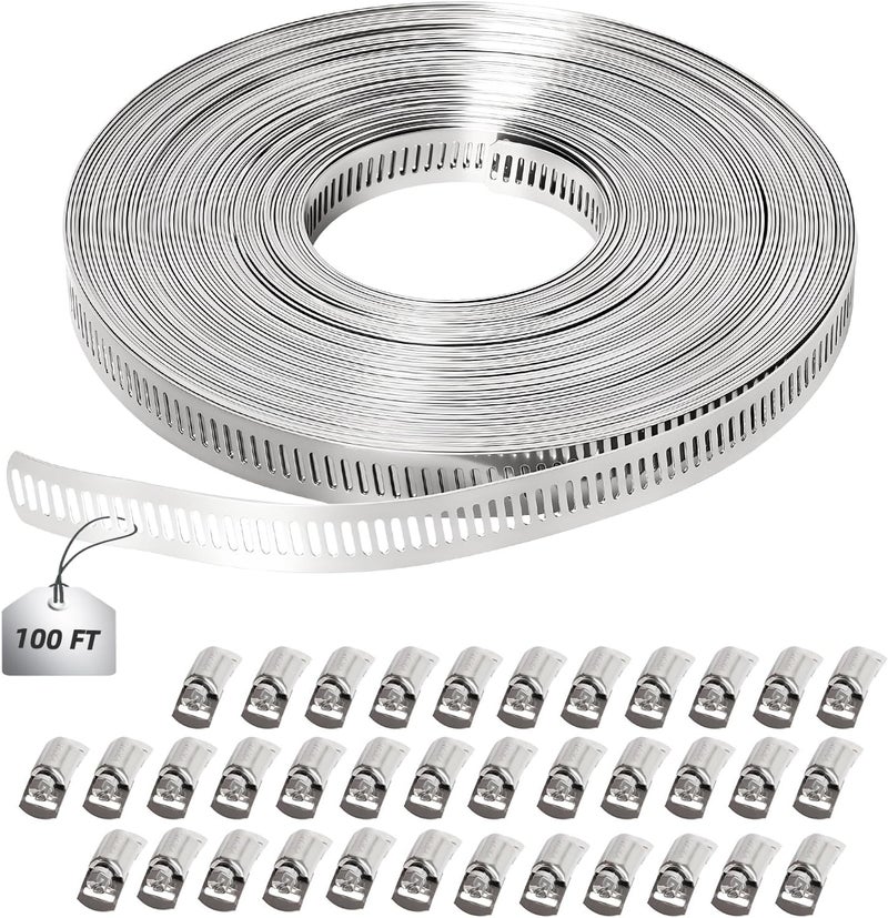 Riyhch 100 FT Hose Clamp Assortment Kit, 304 Stainless Steel Large Band Hose Clamp Metal Strap + 32 Stronger Fasteners, Adjustable Worm Gear Hose Clamps Screw Clamps - Image 1